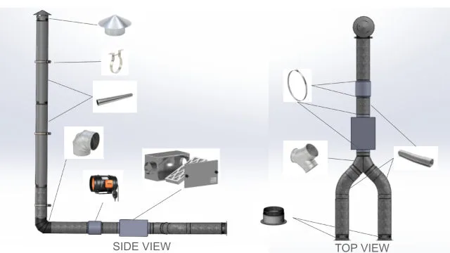 hvac duct assembly, complete ventilation system, duct components integration, air intake exhaust, assembly layout, flanged adapter, galvanized steel duct, y-connector, elbow connector, fan assembly