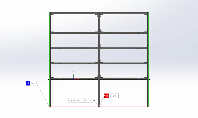 horizontal strut tiers, lateral racking resistance, drawer support framework, unistrut bracing system, structural frame stability, tiered support layers, column buckling prevention, industrial shelf support, vertical frame reinforcement, load transfer structure