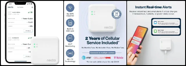 NECTO CELLULAR TEMPERATURE & HUMIDITY MONITOR SPECIFICATIONS necto-monitor, cellular-sensor, 4g-monitoring, temperature-alerts, humidity-monitoring, remote-monitoring, vermiculture, iot-device, environmental-control, smart-alert-system