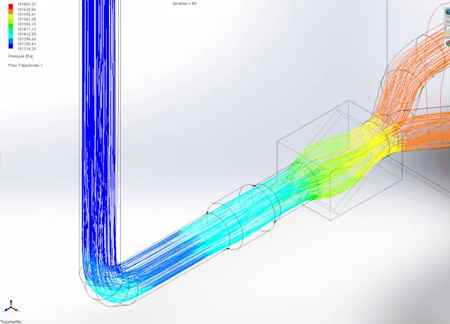 cfd-flow-analysis, duct-airflow-patterns, turbulence-distribution, elbow-flow-behavior, filter-box-dispersion, airflow-recovery, ventilation-system-performance, porous-filter-airflow, hvac-flow-visualization, duct-network-turbulence