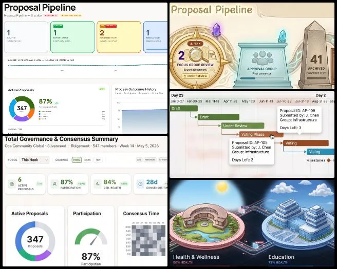 Pooja Kulkarni, Highest Good Society, Cooperatively Solving Global Problems, One Community Weekly Progress Update #690, HGN Software Development, Governance dashboard design variations and proposal data layouts