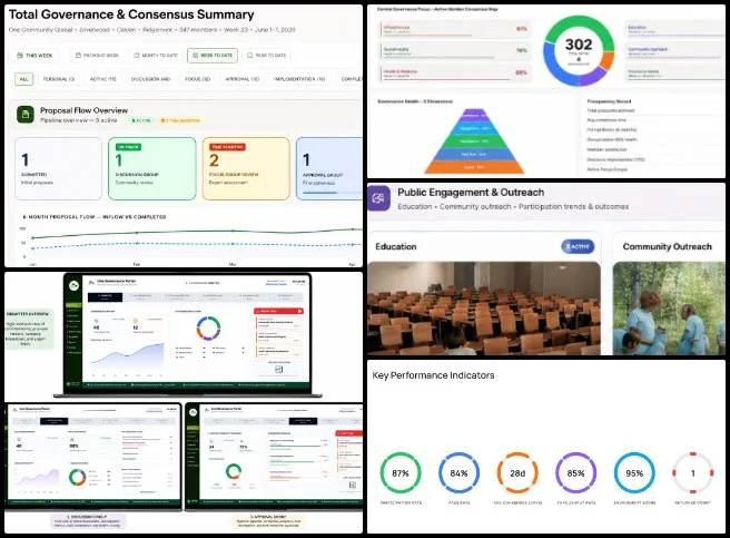 Pooja Kulkarni, Highest Good Society, No-waste World Building, One Community Weekly Progress Update #691, Governance Dashboard Design, internal analytics dashboard refinement, public display governance screens, stage-based summary mockups, accessibility and layout improvements