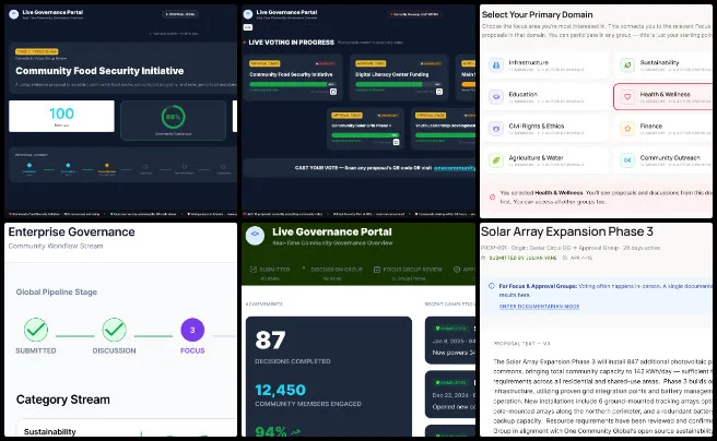 Pooja, Highest Good Society, Active Eco-reinvention of Our World, One Community Weekly Progress Update #693, governance platform screen refinements, group structure clarity, stage-based navigation improvements, proposal status simplification, public-facing governance dashboard views
