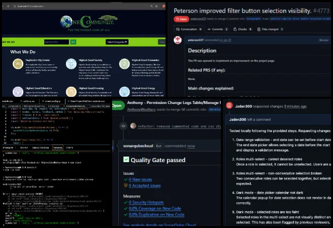 Team Skye, Highest Good Network Software, Cooperatively Solving Global Problems, One Community Weekly Progress Update #690, Garden Management QA testing, user management dashboard, listing and bidding platform, bell notification system, meeting scheduling alerts, project membership filters, visual feedback UI, TimeLog dark mode, daily equipment log form, merge conflict resolution