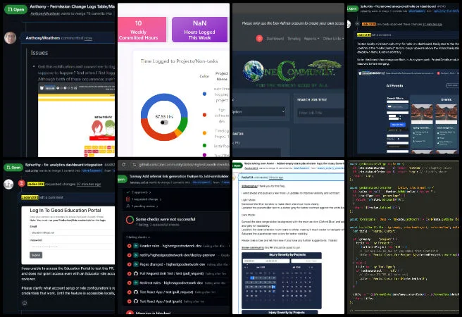 Team Skye, Highest Good Network Software, Transforming the Global Sustainability Discussion, One Community Weekly Progress Update #693, dark mode accessibility testing, Volunteer Hours Reporting APIs, SonarQube issue resolution, CI/CD integration fixes, responsive People Report layout, React component refactoring, Ant Design CSS modules, project management dashboard, merge conflict resolution, date-range reporting filters