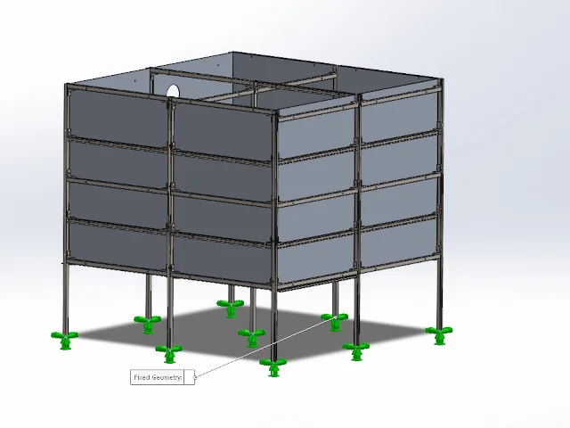 Figure 1: Fixed geometry constraints applied at the base supports to simulate rigid anchorage to a concrete foundation. nistrut supports, fixed constraints, base supports, concrete foundation, anchor bolts, structural simulation, solidworks, fea, boundary conditions, rigid anchorage, support fixtures, load path, structural stability, serviceability, frame analysis