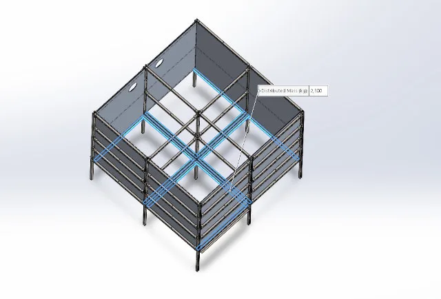  unistrut assembly, gravity loading, distributed mass, structural loads, solidworks simulation, fea model, waste load, 2300 kg load, load conditions, support structure, structural integrity, mass loading, vertical force, gravity direction, frame analysis