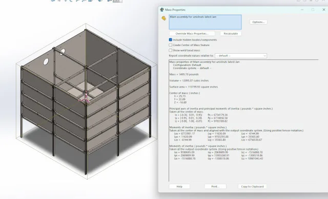 Figure 3: Primary Stainless Steel 316 configuration showing a total assembly weight of 3,495.7 lbs. stainless steel 316, unistrut frame, mass properties, solidworks 2025, assembly weight, structural benchmark, steel configuration, self weight, material properties, load carrying members, structural design, mass calculation, fea analysis, frame assembly, strength analysis