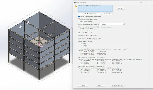  hybrid configuration, aluminum 6061, stainless steel 316, mass properties, weight reduction, solidworks simulation, unistrut assembly, hybrid frame, structural tradeoff, self weight, lightweight design, material comparison, assembly mass, engineering analysis, load performance