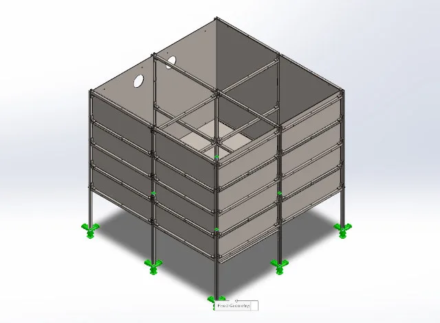 fixed constraints, unistrut supports, base supports, structural simulation, solidworks fea, boundary conditions, rigid anchorage, concrete foundation, anchor bolts, support fixtures, load path, structural stability, serviceability analysis, frame supports, fixed geometry
