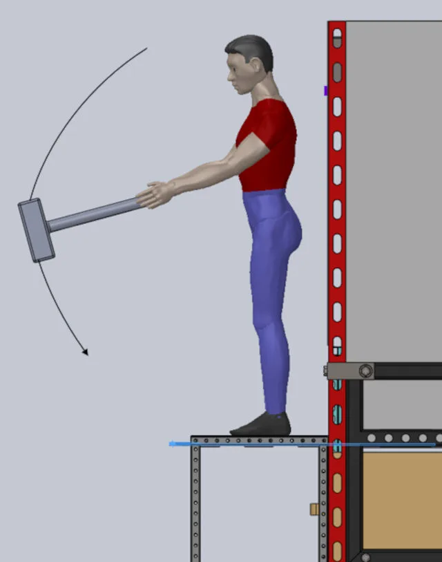 sledge hammer force, hammer swing, kinetic energy, work equation, impact force, slider mechanism, swing direction, hammer velocity, force calculation, safety factor