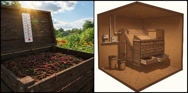 high temperature vermiculture, worm survival, compost overheating, emergency cooling, damp bedding, waste input control, below-ground chamber, ventilation system, moisture regulation, worm composting, summer composting, temperature control, compost stability, organic waste, vermiculture management