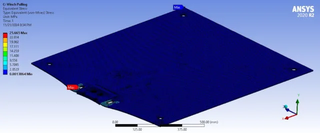 von mises stress winch, slider plate stress analysis, fea stress winch pulling, steel yield strength fea, equivalent stress slider, winch fea stress results, steel slider stress, 25.665mpa stress fea, material yield strength, fea structural stress