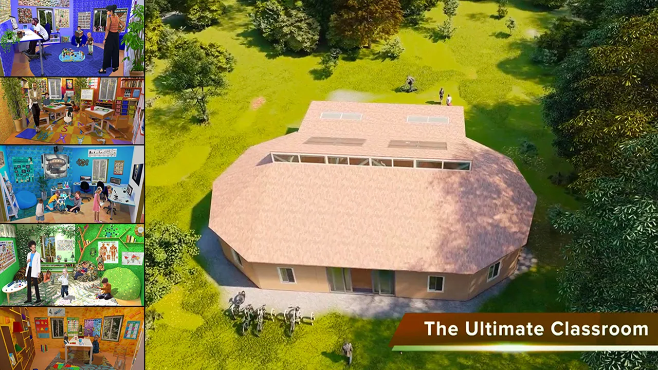 Overview rendering of the Ultimate Classroom showing the building layout, surrounding landscape, and sustainable design features.