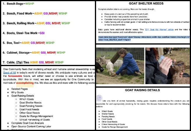 Core Team, Highest Good Food, Global Game-changing Collaboratives, One Community Weekly Progress Update #694, master tools equipment materials documentation review, shop compound layout expansion planning, construction site fencing installation review, entity narrative editing technical documentation, goat care documentation review, farm systems operational documentation, equipment inventory organization and updates, infrastructure layout optimization planning, construction site corner post fencing, agricultural facility documentation management