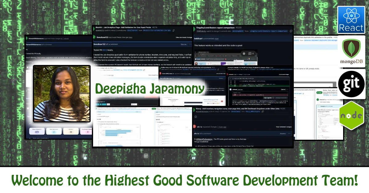 Deepigha Japamony, One Community Software Engineer Volunteer, Highest Good collaboration, people making a difference, One Community Global, helping create global change, difference makers