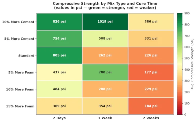 Aircrete, compression testing, compressive strength, stress load, mix ratio, foam content, cement content, aircrete vs concrete, stucco reinforcement, cure time, curing, mixing method, Aircrete Harry, Domegaia, Drexel, foaming agent, PSI, MPa, density, structural strength, load bearing, bar chart, data visualization, One Community Global, DIY aircrete, mix variation
