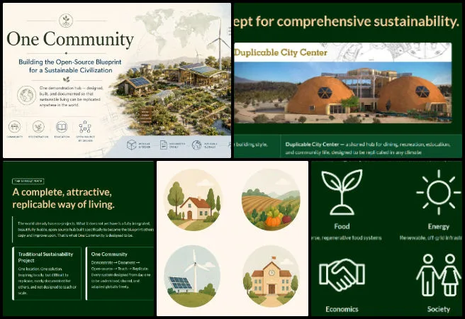 Pooja, Highest Good Society, Demonstrating Eco-Civilization Design and Implementation, One Community Weekly Progress Update #697, Philanthropic pitch deck, eco-civilization design, One Community Global, sustainability funding, visual storytelling design, Earthbag Village, global replication model, funding roadmap, UI/UX presentation design, nonprofit pitch deck