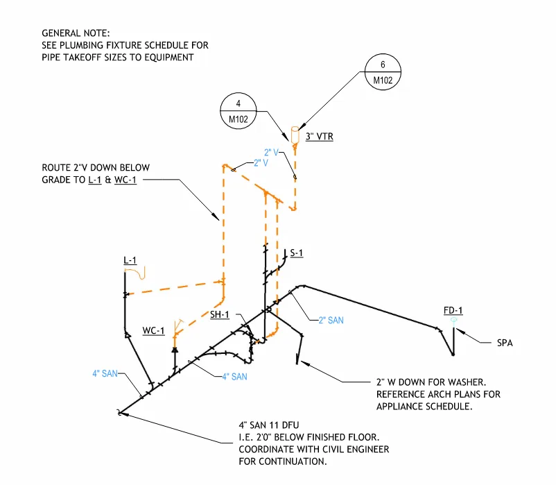 Sanitary and vent isometric view showing plumbing drain, waste, and vent piping layout in a three-dimensional design