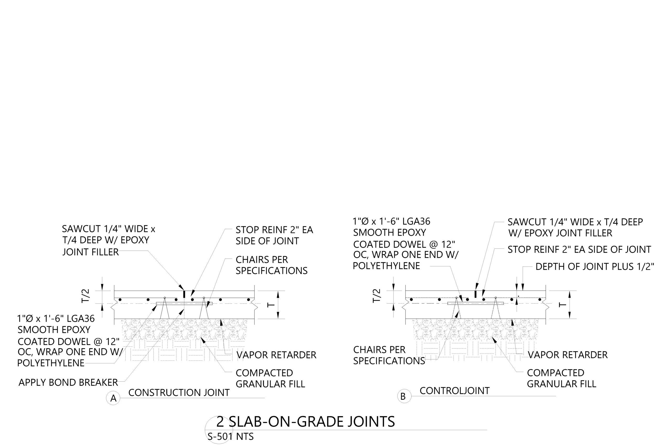 slab joints, construction joints, control joints, slab-on-grade, concrete joints, crack control, joint reinforcement, AutoCAD detail, foundation joints, reinforced slab