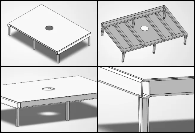 Sri, Duplicable City Center, Facilitating a Highest Good Living Model, One Community Weekly Progress Update #696, City Center Spa Tub flooring system, SOLIDWORKS design, aluminum frame structure, structural support design, finite element analysis (FEA), aluminum rectangular hollow sections, weld-free connections, floor panel assembly, structural analysis, mechanical design optimization
