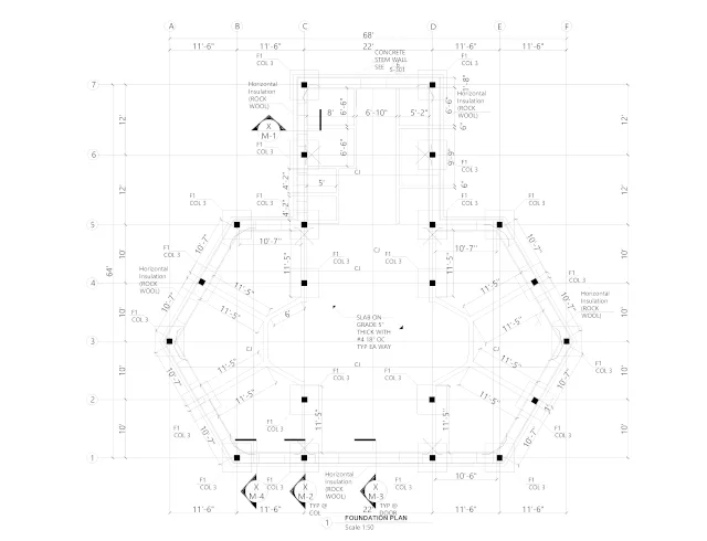 foundation plan, Ultimate Classroom layout, footer foundation, slab-on-grade, wall layout, door openings, AutoCAD foundation, structural drawings, sustainable classroom, footing layout