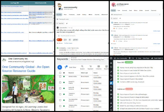 Adhya, Highest Good Society, Creating a Sustainable Luxury Living Experience, One Community Weekly Progress Update #701, Bloom's Taxonomy SEO, sustainable luxury living, Google Ads optimization, One Community Donations page, Reddit community engagement, One Community Global, Open Source Site Map SEO, keyword targeting, SEO tracking records, campaign tracking spreadsheet