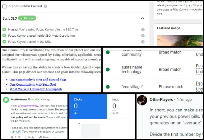 Adhya, Highest Good Society, Developing Global-Sustainability Systems, One Community Weekly Progress Update #699, Methodology page SEO, global sustainability systems, Google Ads optimization, Reddit community engagement, keyword placement, One Community Global, SEO tracking records, First Five Years page, search intent alignment, on-page SEO improvements