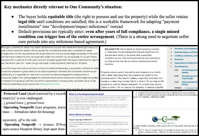 Anagha, Highest Good Society, Developing a Global Sustainability Plan, One Community Weekly Progress Update #702, Legal governance structure, global sustainability plan, Community Land Trust, LLC subsidiary tax status, One Community Global, milestone-based land ownership, reversionary clause research, condition subsequent provisions, 501(c)(3) tax exemption, nonprofit legal structure