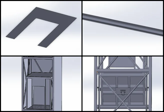 Nidish, Duplicable City Center, Creating a Free-shared Future, One Community Weekly Progress Update #698, elevator assembly design, hydraulic elevator system, lift cabin components, elevator CAD model, 3D rendering, elevator shaft panels, cabin door assembly, mechanical design, hydraulic system layout, sustainable building systems