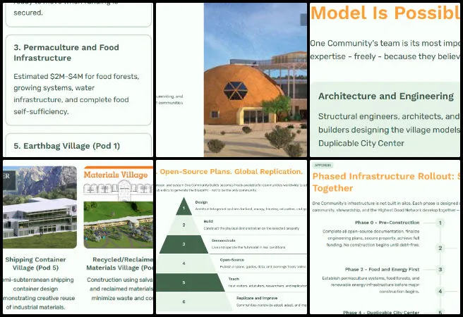 Pooja, Highest Good Society, Creating a Free-Shared Future, One Community Weekly Progress Update #698, Phased implementation roadmap, funding allocation strategy, sustainable village models, Highest Good systems, visual narrative design, One Community Global, donor communication materials, global replication model, information architecture design, stakeholder presentation design