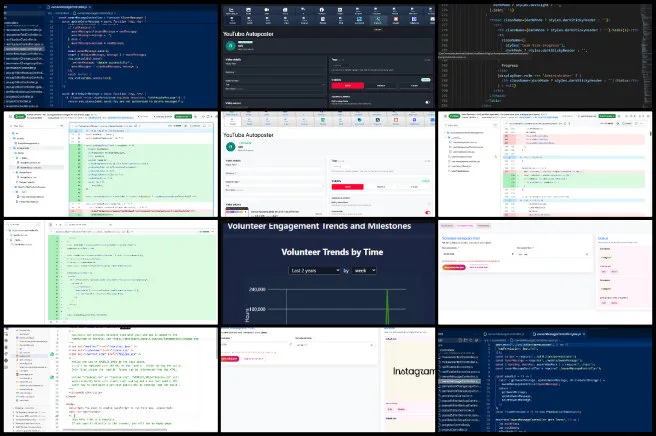 Team Alpha, Highest Good Network, Developing a Global Sustainability Plan, One Community Weekly Progress Update #702, pull request code review, team management duties, weekly summary compilation, local testing verification, Alpha team coordination, YouTube auto poster frontend, D3.js to Recharts migration, dark mode styling updates, announcements page interface, video details UI, Instagram publishing feature, Meta access token handling, backend route registration, CORS configuration fix, media upload verification, volunteer trends line chart, x-axis label spacing, chart rendering optimization, empty state error handling, light and dark mode charts, activity FAQ dark mode, accordion and search testing, contact email clipboard feature, CSS module styling, success and error notifications, volunteer time modal scrolling, SaveButton implementation, scroll position preservation, regression testing, ESLint and production build validation