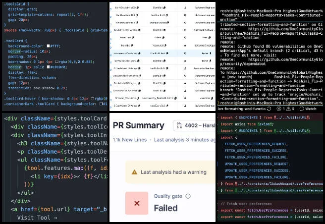 Team Binary Brigade, Highest Good Network Software, Creating a Free-shared Future, One Community Weekly Progress Update #698, CSS grid and media query styling, dark mode container overrides, permissions management interface table, GitHub pull request command line push, Dependabot security vulnerabilities check, React JSX component structure, PR Summary SonarCloud code quality gate analysis, Redux user preferences constants and async action types, frontend web development debugging