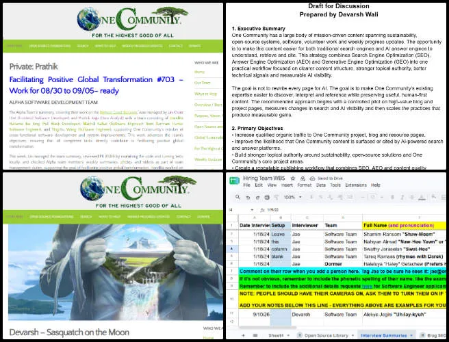 Devarsh, Highest Good Society, Developing Eco-Regenerative Lifestyle Construction, One Community Weekly Progress Update #704, Eco-regenerative lifestyle construction, admin team hiring, AEO strategy draft, SEO AI optimization, One Community Global, HGN pull request review, software product testing, training review process, program management, blog discoverability strategy