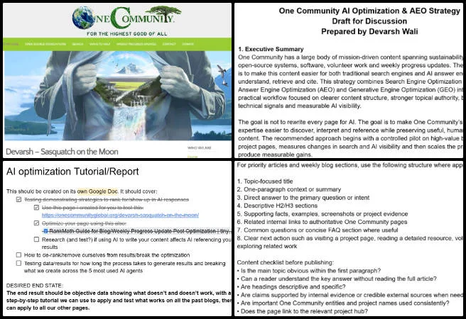 Devarsh, Highest Good Society, Open Source Permaculture Communities, One Community Weekly Progress Update #705, AI Optimization AEO Strategy, open source permaculture communities, Answer Engine Optimization, blog content structure, One Community Global, software frontend testing, candidate interviews, GEO content strategy, AI visibility testing, program management 