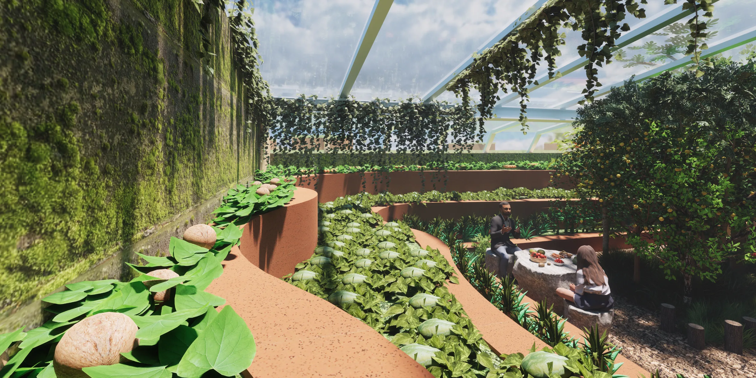 Walipini 3 Terraced Planting Layout for Efficient Greenhouse Crop Growth Walipini 3 Grading and Curved Terrace, Curved Greenhouse Terraces, Efficient Planting Layout, Tropical Greenhouse Design, Space-Optimized Crop Planting, Mixed Crop Growth Habits, Natural Light Distribution, Greenhouse Airflow Management, Accessible Planting Beds, Efficient Crop Maintenance, Layered Food Forest Design, Sustainable Greenhouse Planning, Highest Good Food, One Community Food Infrastructure, Open Source Walipini Plans, Sustainable Agriculture