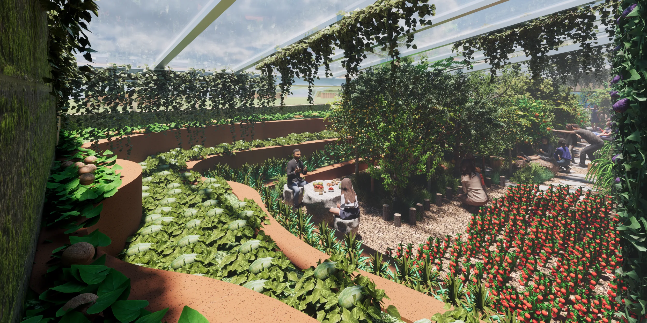 Walipini 3 Curved Terraced Planting, Multi-Level Planting Design, Greenhouse Food Production, Integrated Circulation Pathways, Visitor-Friendly Greenhouse Layout, Productive Planting at Different Elevations, Curved Planting Bed Edges, People-Space Integration, Accessible Food Forest Design, Tropical Greenhouse Planning, Sustainable Landscape Design, Highest Good Food, One Community Food Infrastructure, Open Source Walipini Plans, Sustainable Agriculture