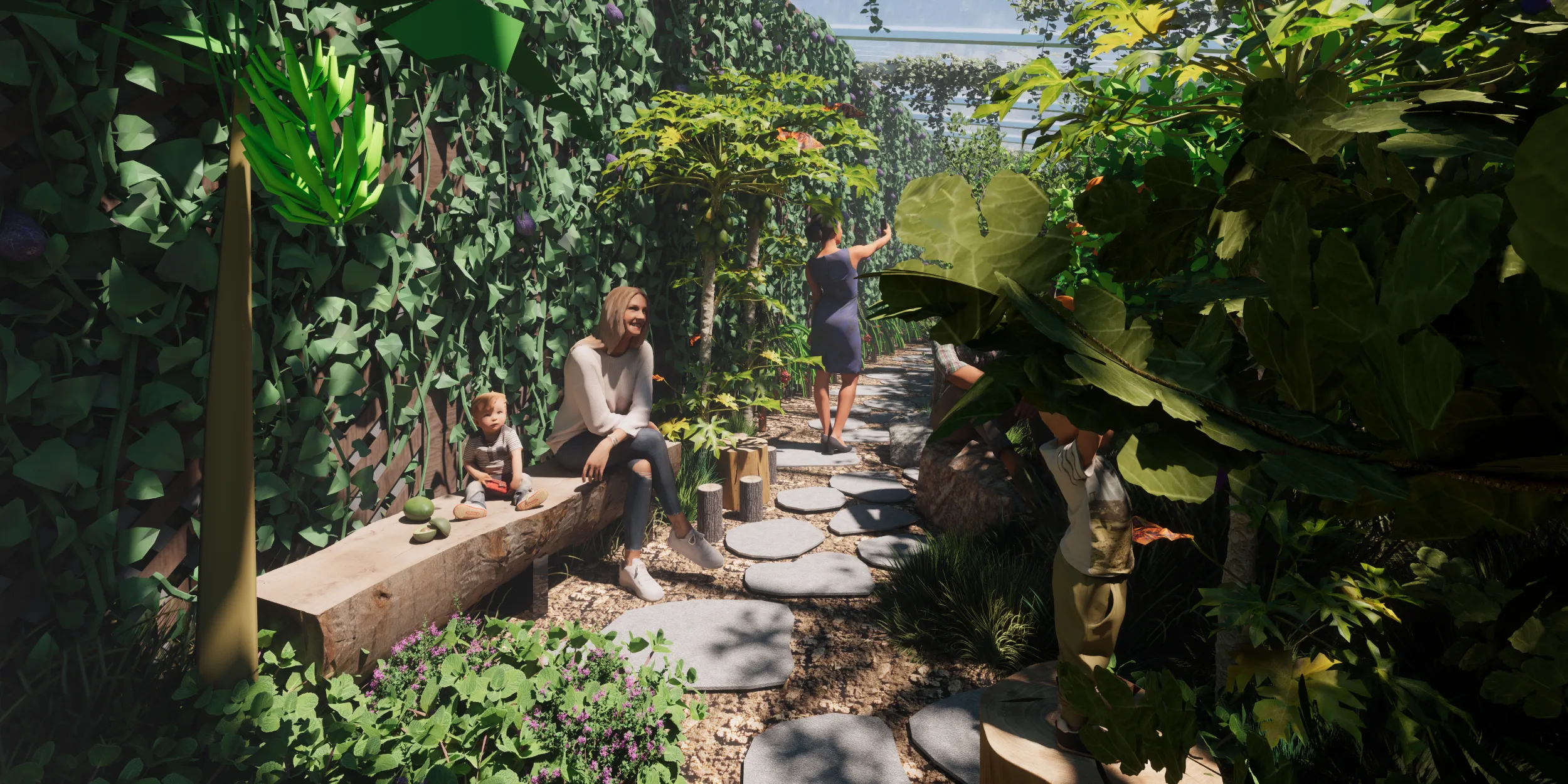 Walipini 3 People Spaces, Greenhouse Resting Areas, Primary Circulation Seating, Tropical Food Forest Gathering Spaces, Natural Log Seating, Tree Stump Seats, Large Stone Seating, Family Interaction Areas, Visitor Gathering Spaces, Edible Landscape Interaction, Seating Near Fruiting Plants, Harvesting Access, Integrated Greenhouse Circulation, Nature Observation Areas, Sustainable Greenhouse Design, Highest Good Food, One Community Food Infrastructure, Open Source Walipini Plans, Sustainable Agriculture