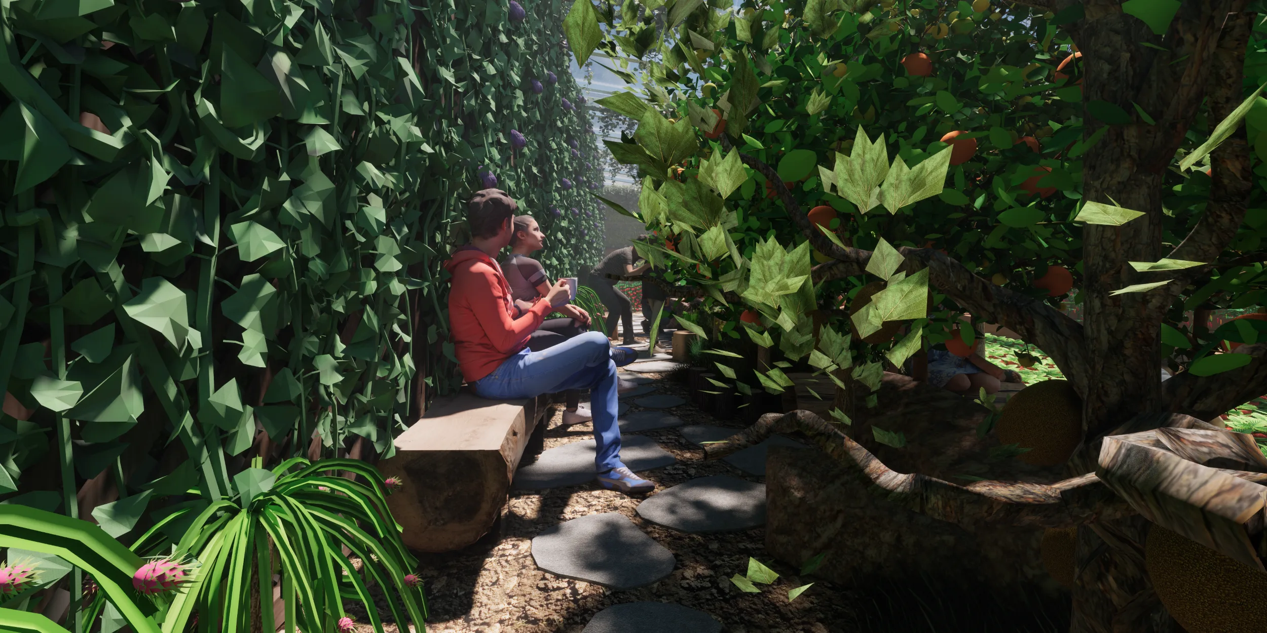 Walipini 3 Natural Seating Elements, Greenhouse Social Spaces, Main Circulation Route Seating, Natural Garden Seating, Seating Near Productive Planting, Tropical Food Forest Gathering Areas, Visitor Interaction Spaces, Edible Landscape Experience, Integrated Greenhouse Design, Comfortable Resting Areas, Sustainable Food Forest Planning, Highest Good Food, One Community Food Infrastructure, Open Source Walipini Plans, Sustainable Agriculture