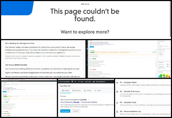 Adhya, Highest Good Society, Creating a World that Will Last, One Community Weekly Progress Update #708, Ways to Help page SEO, creating a world that will last, Google Ads performance tracking, Search One Community page SEO, One Community Global, donation page optimization, Google Ads Campaign Tracking, meta description optimization, Donate button testing, SEO keyword targeting