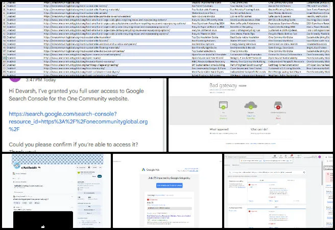Adhya, Highest Good Society, Open Sourcing Global Transformational Change Infrastructure, One Community Weekly Progress Update #709, Google Ads Campaign Tracking, open sourcing global transformational change infrastructure, Reddit community engagement, Google Ads disapproval investigation, Ways to Help page SEO, Contribute page SEO, One Community Global, Google Search Console access, SEO analytics baseline, WordPress 502 error