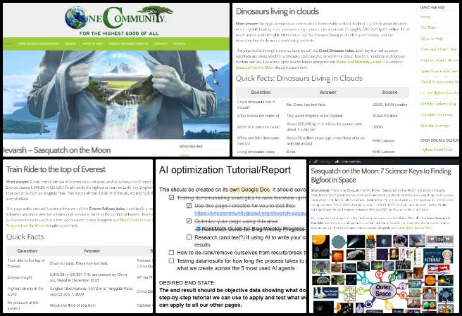 Devarsh, Highest Good Society, Open Sourcing Global Transformational Change Infrastructure, One Community Weekly Progress Update #709, AI optimization strategy, open sourcing global transformational change infrastructure, Highest Good Network software development, LLM provider testing, One Community Global, AEO experiments, Phase 3 AI report, blog review process, video tutorial training materials, program management