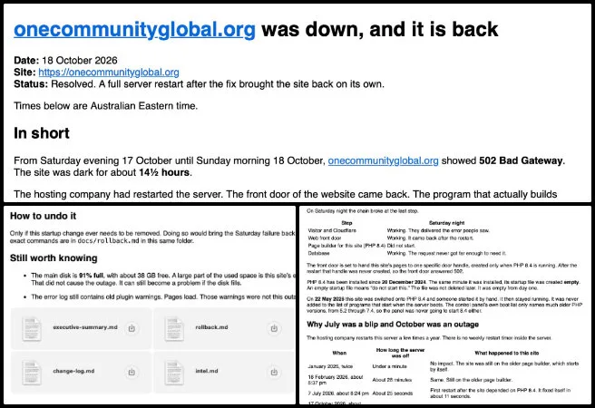 Jin, Highest Good Society, Open Sourcing Global Transformational Change Infrastructure, One Community Weekly Progress Update #709, Website restoration, open sourcing global transformational change infrastructure, server restart fix, website downtime resolution, One Community Global, Highest Good Network, WordPress site maintenance, open source plans, technical SEO, site reliability