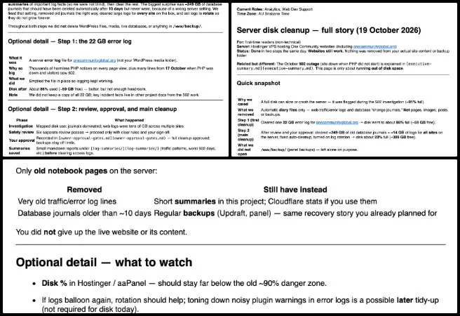 Jin, Highest Good Society, Pioneering the Global-Sustainability Systems Movement, One Community Weekly Progress Update #710, Website restoration, pioneering the global-sustainability systems movement, server disk cleanup, site maintenance, One Community Global, Highest Good Network, open source plans, WordPress site performance, technical SEO, website reliability