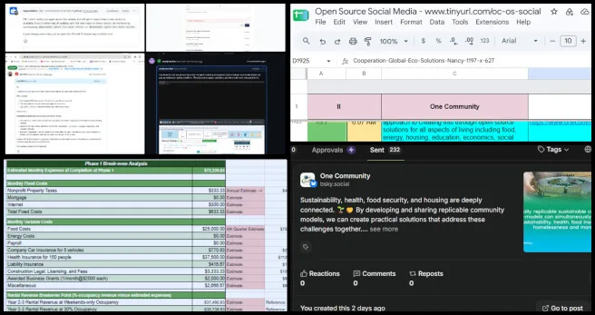 Highest Good Food, Creating a World that Will Last, One Community Weekly Progress Update #708, PR review coordination, project visualizations, data analysis, blog content, visual collages, social media outreach, hiring support, One Community, sustainable food systems