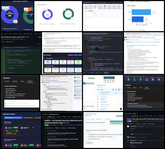 Team Binary Brigade, Highest Good Network, Sustainability Implementation Blueprint, One Community Weekly Progress Update #707, PR grading dashboard, remove reviewer feature, weekly grading records, Total Org Summary charts, backend input validation, frontend follow-up fixes, reviewer feedback resolution, responsive behavior updates, frontend backend integration, light and dark mode testing, blue square generation fix, time-off request handling, Tumblr auto-poster, social media auto-posting, reviewer comment fixes, Total Org Summary testing, dev site dashboard testing, blue square test accounts, bug reporting, pull request verification, garden management page, orchard management page, kitchen inventory module, supplier validation, in-page popup components, weekly summaries submission page, page layout formatting, merge conflict resolution, pull request updates, spacing and alignment fixes, questionnaire dashboard testing, skills overview page, community member search, user profile navigation, E2E testing tracker, Mastodon post scheduling, backend route registration, scheduling validation, dark mode composer, frontend backend pull requests