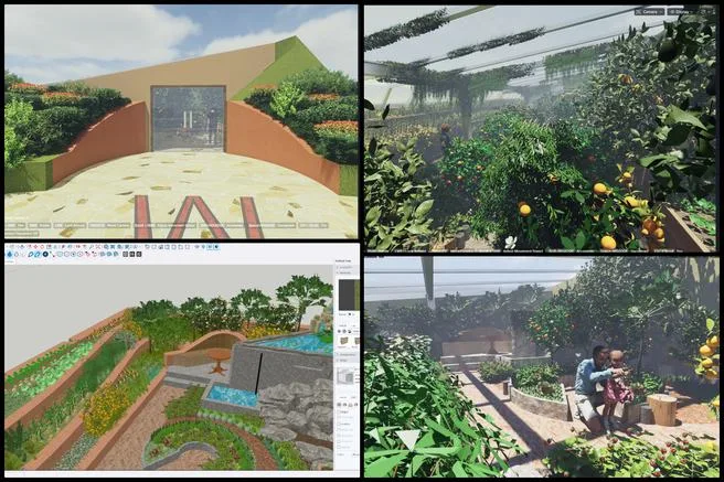 Zoey, Highest Good Food, Open Sourcing Global Transformational Change Infrastructure, One Community Weekly Progress Update #709, Large-scale Aquapini model, D5 rendering, polyculture planting layout, realistic materials, vine and groundcover planting, greenhouse atmosphere, botanical garden perspectives