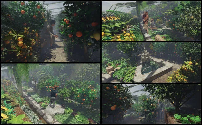 Large Aquapini design renderings showing fruit trees, planting beds, seating, pathways, and a water feature, Pioneering the Global-Sustainability Systems Movement, One Community Weekly Progress Update #710, aquaponics, sustainable food production, greenhouse design, polyculture planting, water circulation, community growing spaces, ecological design, food sustainability, integrated growing systems, sustainable agriculture.