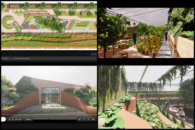 Zoey, Highest Good Food, Sustainability Implementation Blueprint, One Community Weekly Progress Update #707, Walipini 3 model, Large-scale Aquapini, AutoCAD planting map, planting map render, top-view render, walkthrough video, pathway width revisions, botanical garden planting layout, shading analysis, seating areas, circulation design